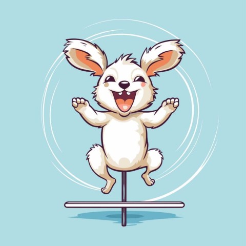 Cute rabbit jumping on a seesaw. Vector cartoon illustration.