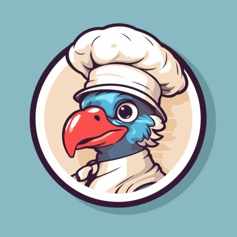 Vector illustration of a turkey head in chef's hat on blue backg