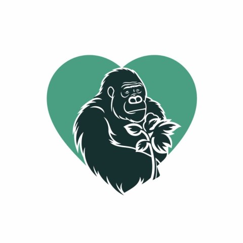 Gorilla with a leaf in the heart. Vector illustration.