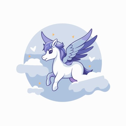 Unicorn flying on clouds. Vector illustration in cartoon style.