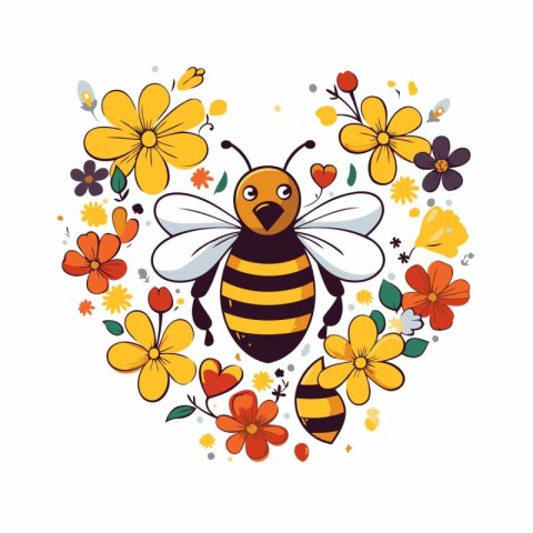 cute cartoon bee with flowers and hearts vector illustration eps