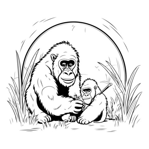 Gorilla mother with her baby. black and white vector illustratio