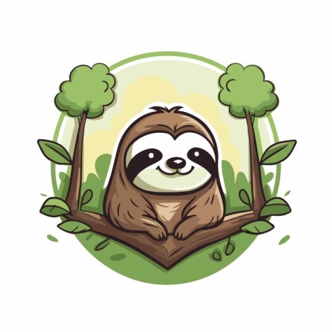 Cute cartoon sloth sitting on tree branch. Vector illustration.