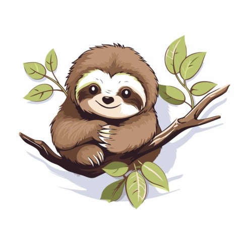 Cute sloth sitting on a tree branch. Vector illustration.