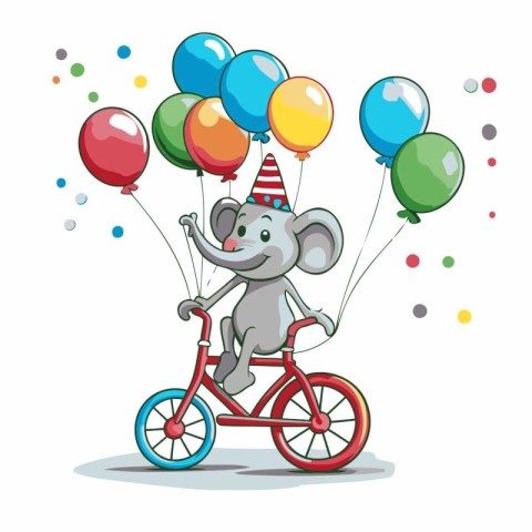 Cute elephant riding a bicycle with balloons. Vector illustratio