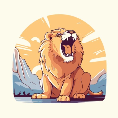 Lion sitting on the rock. Vector illustration in cartoon style.