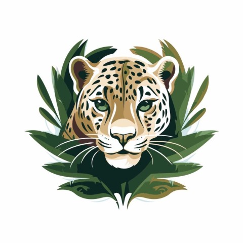 Jaguar head with leaves. Vector illustration in cartoon style.