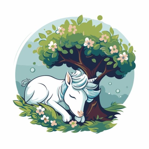 White unicorn under a tree. Vector illustration of a white unico