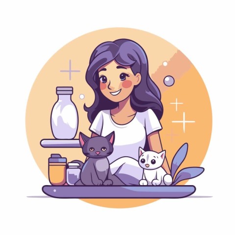 Girl with cats. Vector illustration in a flat style. Cartoon cha