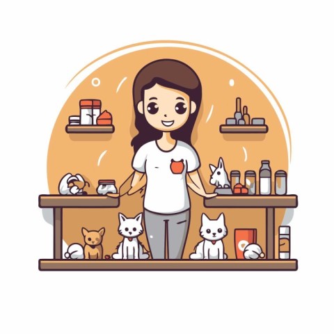 Woman in pet shop with cats. Vector illustration in cartoon styl