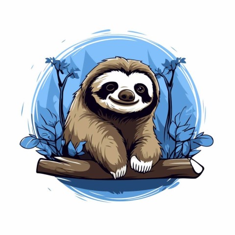 Cute cartoon sloth sitting on a branch. Vector illustration.