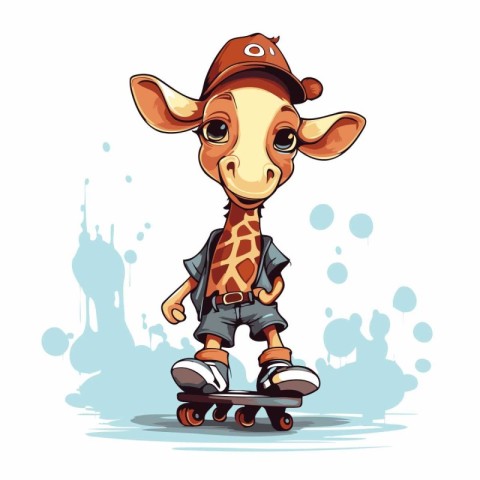 Cute giraffe rides a skateboard. Cartoon vector illustration.