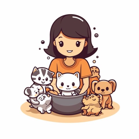 Little girl playing with cat and dog in pot. Vector illustration