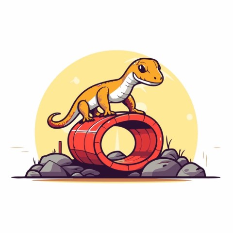 Cartoon dinosaur on a red inflatable ring. Vector illustration.