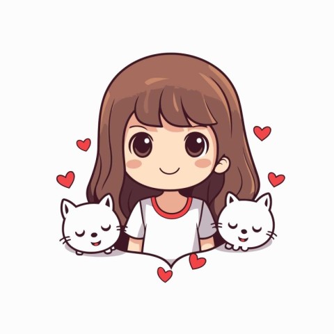 Cute little girl with cats in heart shape. Vector illustration.