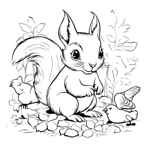 Squirrel with a chick. Vector illustration. Black and white.