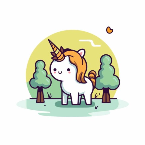 Cute unicorn in the forest. Vector illustration in cartoon style