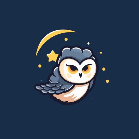 Owl logo. Cute owl with moon and stars. Vector illustration.