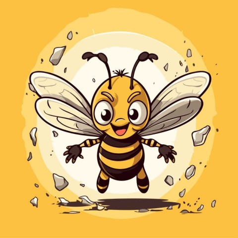 Cute bee cartoon character. Vector illustration isolated on yell