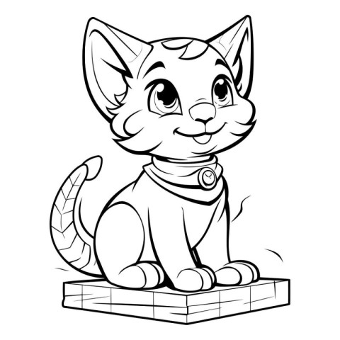 Cute cartoon cat sitting on a brick. Vector illustration isolate