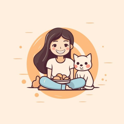 Cute little girl with cat. Vector illustration in cartoon style.