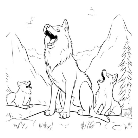 wolf howling with cubs in the mountains vector illustration grap