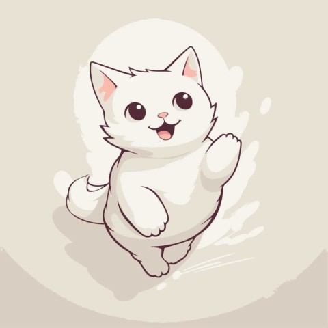 Cute cartoon white cat sitting on the floor. Vector illustration