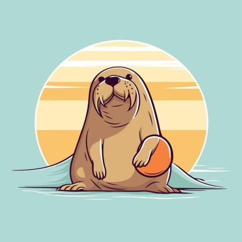 Sea lion sitting on the beach with a ball. Vector illustration.