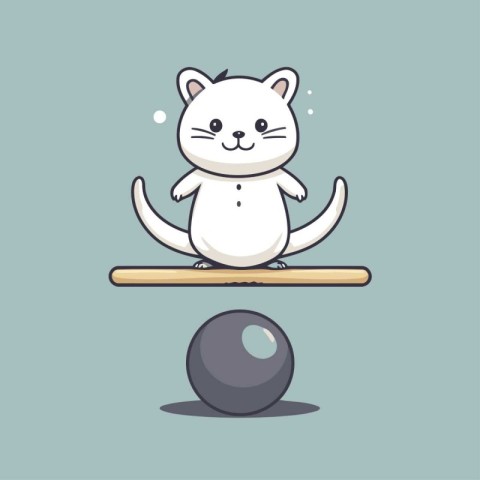 Cute cat balancing on seesaw. Vector illustration in cartoon sty