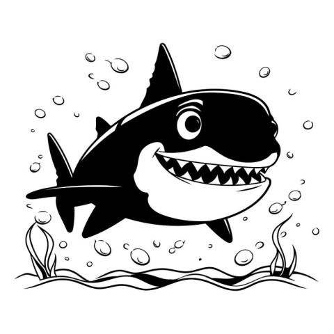 Black and white vector illustration of a shark swimming in the w