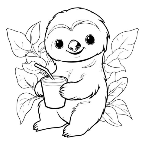 Cute sloth with a glass of juice and leaves. Vector illustration