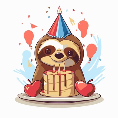 Cute cartoon sloth in birthday hat with cake. Vector illustratio