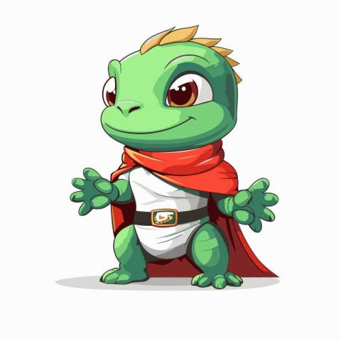 Cute cartoon green lizard in a red cape. Vector illustration.