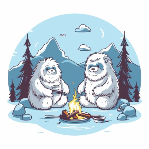 Vector illustration of two polar bears sitting on a campfire in