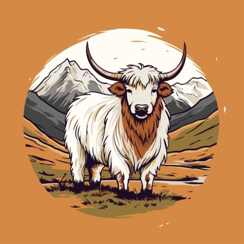 Yak in the mountains. Vector illustration of a white yak.