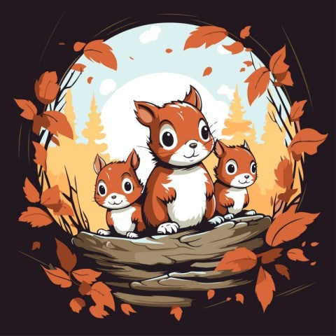 family of squirrels on the stump in the autumn forest. Vector il