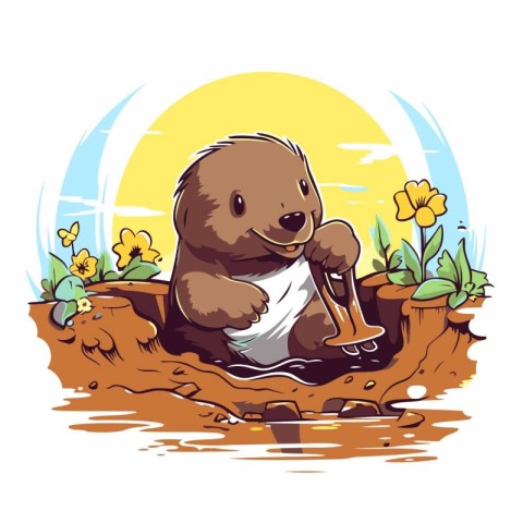 Illustration of a cute little bear digging a hole in the ground