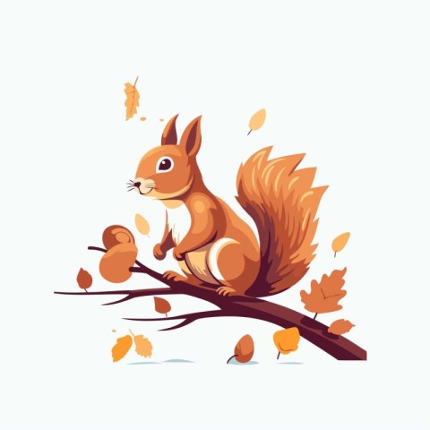 Squirrel sitting on a branch with autumn leaves. Vector illustra