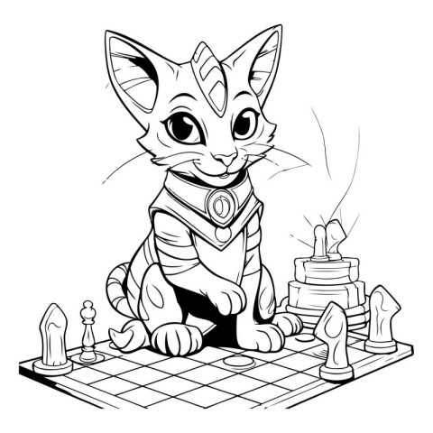 Black and White Cartoon Illustration of Cat Playing Chess Colori