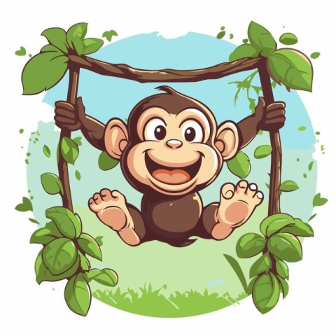 Cute monkey in the jungle. Vector illustration. Cartoon style.