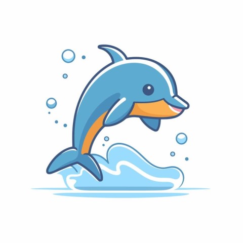 Cute cartoon dolphin jumping out of the water. Vector illustrati