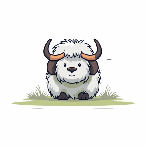 Vector illustration of a cute cartoon yak on a green meadow.