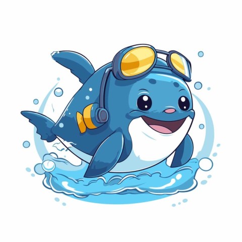 Cute cartoon kawaii whale swimming in the sea. Vector illustrati