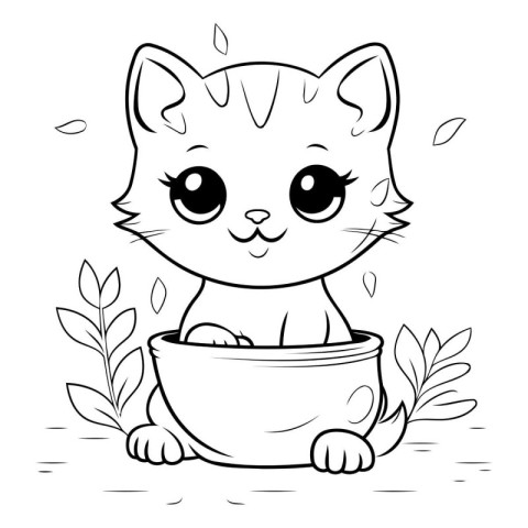 Cute cartoon cat in pot. Vector illustration for coloring book.