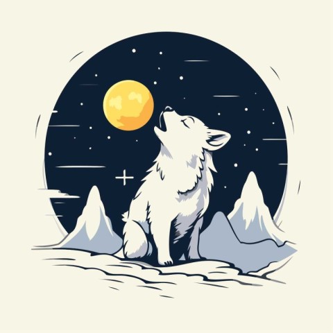 Cute wolf on the background of the night sky. Vector illustratio