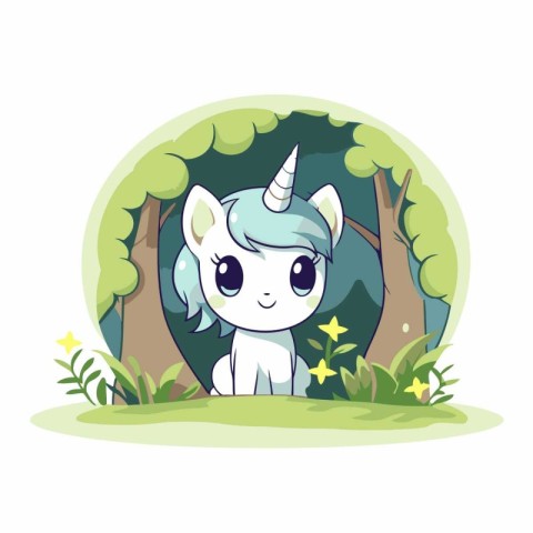 cute little unicorn in the forest character vector illustration