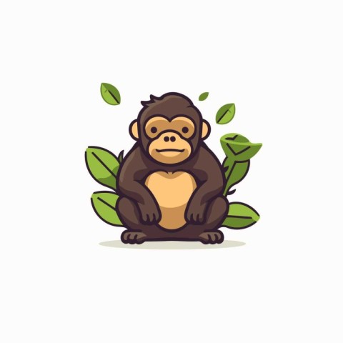 Chimpanzee sitting on the ground with leaves. Vector illustratio