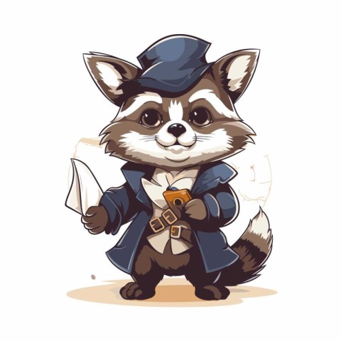 Raccoon in a school uniform and hat. Vector illustration.