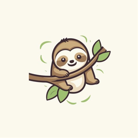 Cute cartoon sloth on a tree branch. Vector illustration.