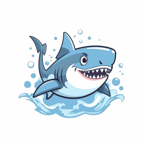 Cute cartoon shark in water. Vector illustration isolated on whi